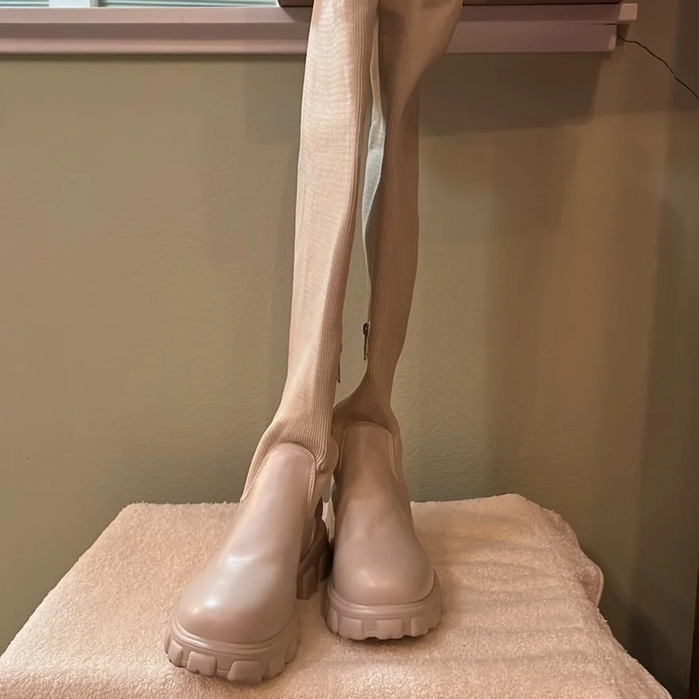 Taupe Over The Knee Knitted High Boots With Lug Sole Size 8